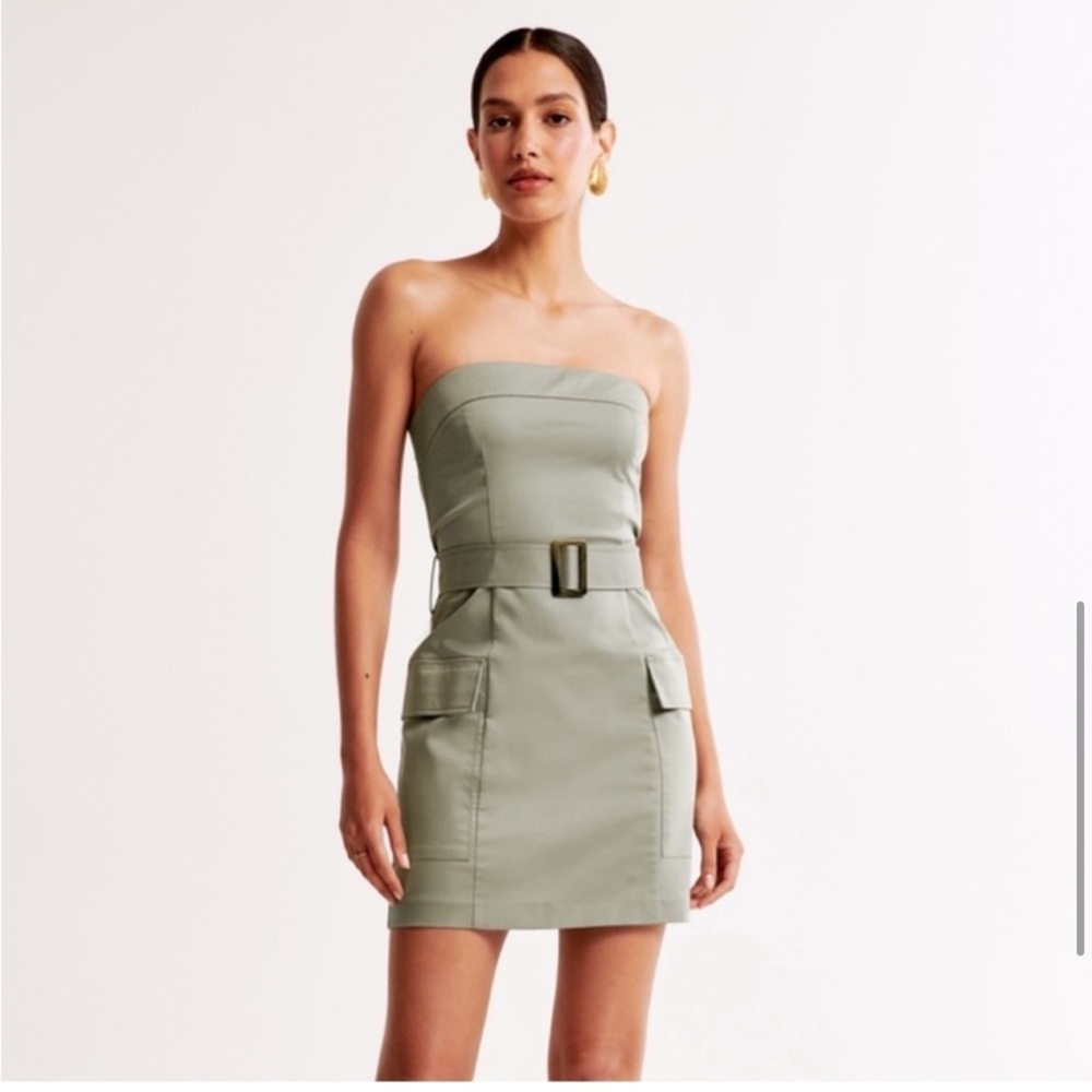 NWT A&F Abercrombie Strapless Utility Mini Dress Frosty Olive Green M light